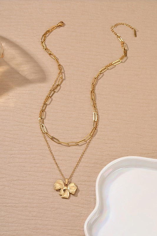 Stripe Textured Gold Bow Double Chain Necklace