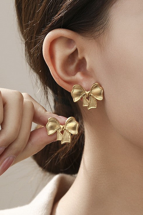 Stripe Textured Gold Bow Post Earring