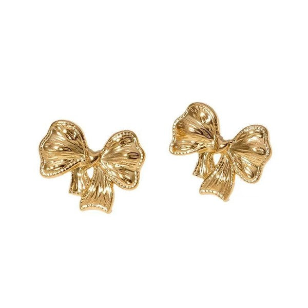 Stripe Textured Gold Bow Post Earring