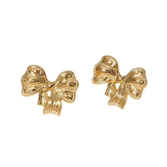 Stripe Textured Gold Bow Post Earring