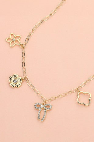 Flower Bow Quatrefoil Heart Chain Charm Necklace