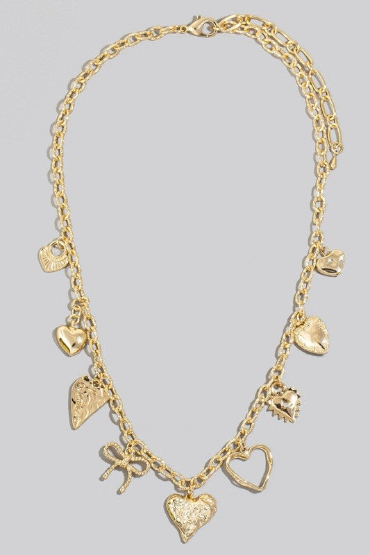 Mixed Hearts & Bow Charm Necklace-Gold