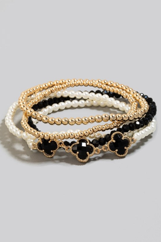 Triple Clover Ball Bead & Pearl Bracelet Set