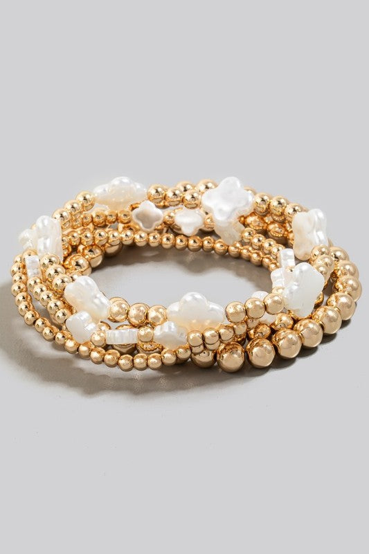 Pearlized Clover Gold Ball Beaded Bracelet Set