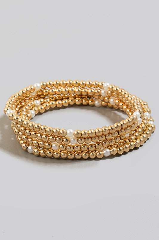 Pearl Accent Gold Ball Bead Bracelet Set