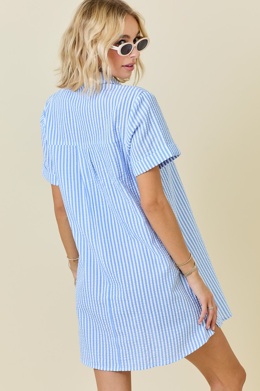 Striped Seersucker Pocket Shirt Dress