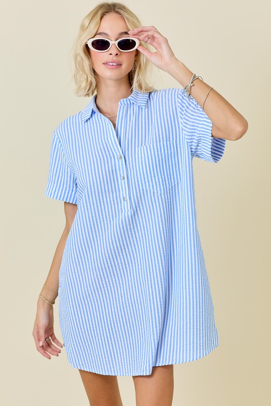 Striped Seersucker Pocket Shirt Dress