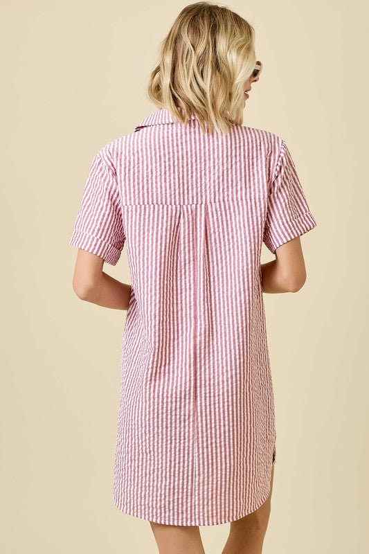Striped Seersucker Pocket Shirt Dress