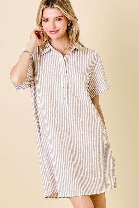 Striped Seersucker Pocket Shirt Dress