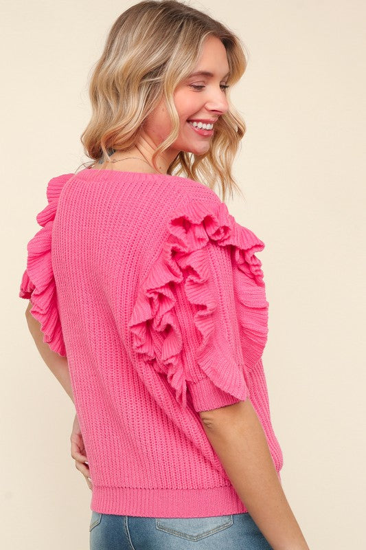 Solid Tiered Ruffle Sleeve Sweater-Pink