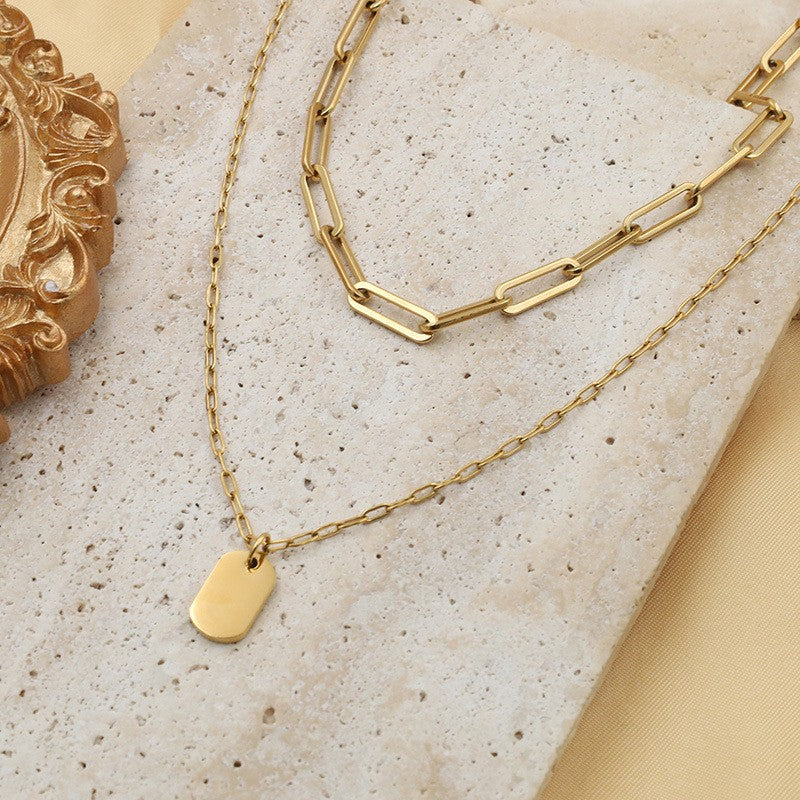 Layered Metal Rectangle Charm Necklace-Gold