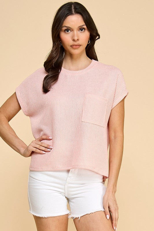 Short Sleeve Ribbed Knit Pocket Top