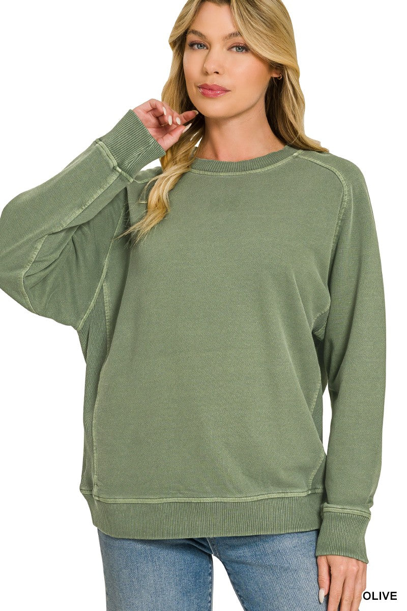 Solid Ribbed Inset Enzyme Washed Sweatshirt