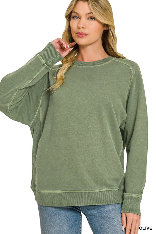 Solid Ribbed Inset Enzyme Washed Sweatshirt