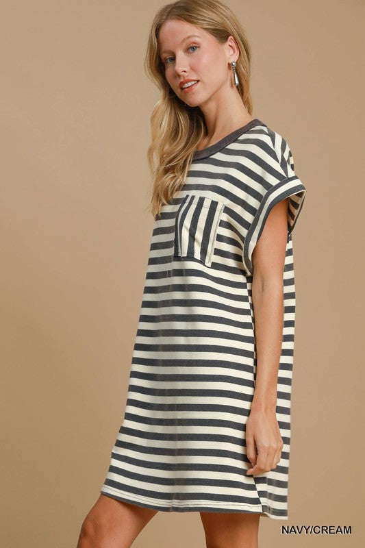 Striped Pocket Mineral Wash Dress - Navy