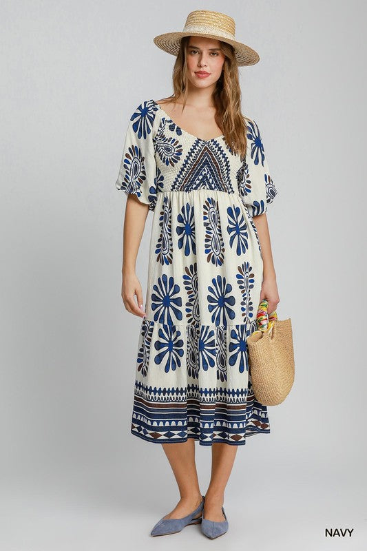 Border Print Smocked Tiered Midi Dress - Navy