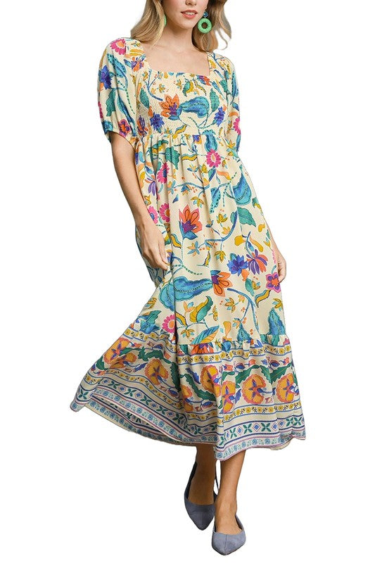 Floral Border Hem Bubble Print Sleeve Midi Dress