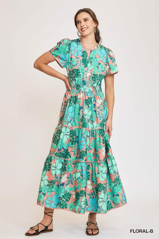 Floral Split Neck Tiered Maxi Dress - Green