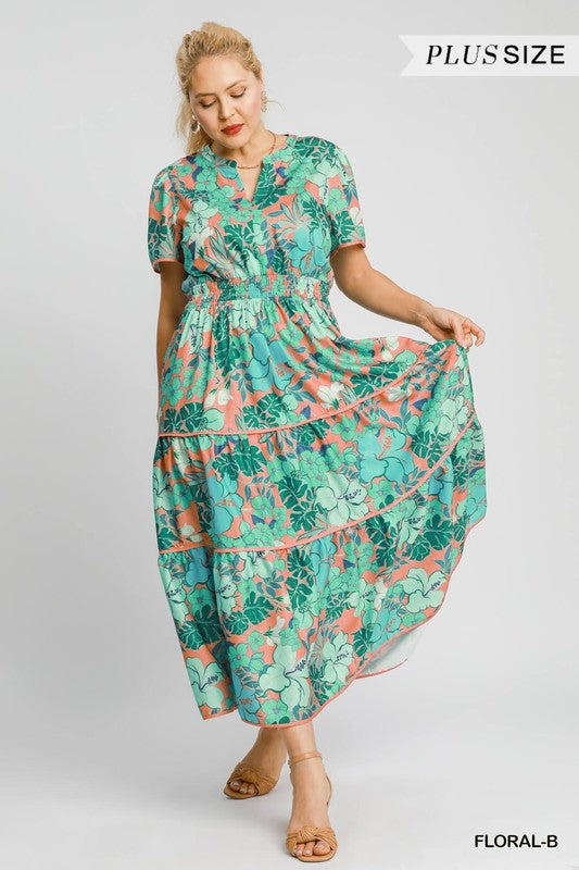 Floral Split Neck Tiered Maxi Dress - Green