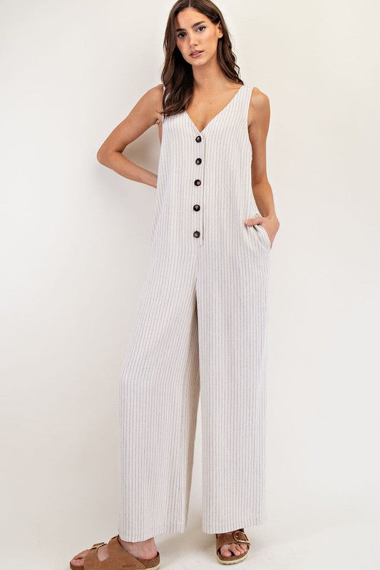 Pinstriped Sleeveless Button Front Jumpsuit-Oatmeal