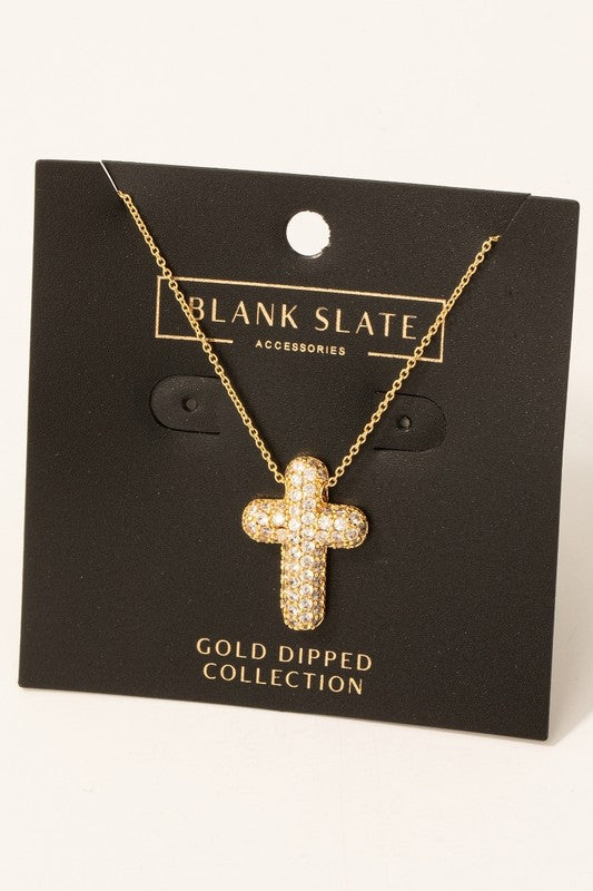 Pave Rhinestone Bubble Cross Necklace-Gold