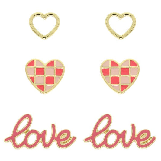 Valentine's Set of 3 Heart Love Stud Earrings