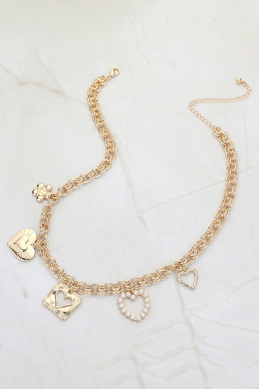 Pearl Heart & Flower Charm Chain Necklace