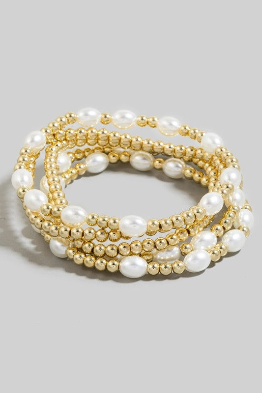 Oblong Pearl & Gold Ball Bead Bracelet Set