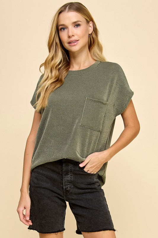 Solid Ribbed Pocket Top