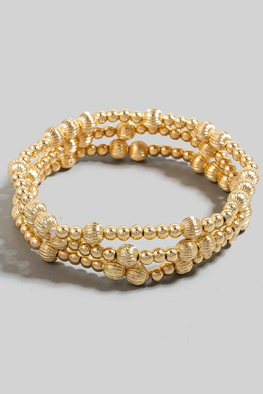 Textured Mixed Bead Bracelet Set-Gold