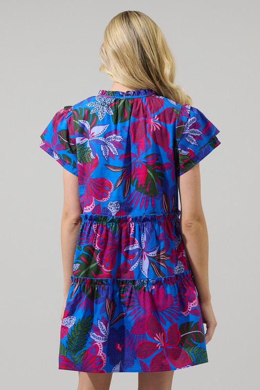 Tropics Floral Split Tie Neck Tiered Dress-Blue/Pink