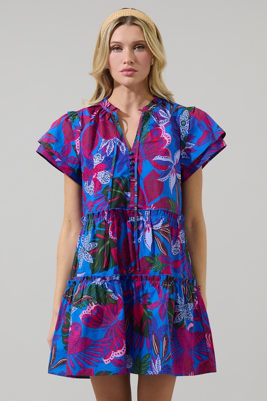 Tropics Floral Split Tie Neck Tiered Dress-Blue/Pink