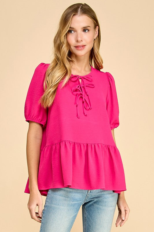 Solid Bubble Sleeve Bow Ties Peplum Top-Berry