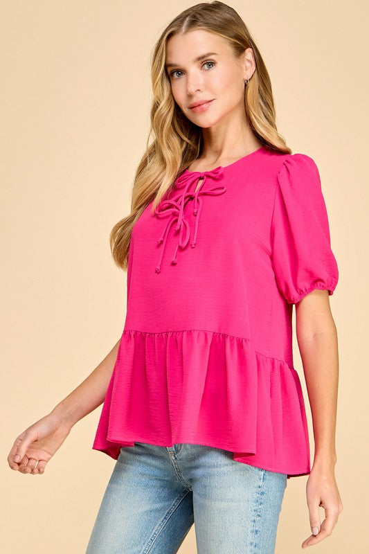 Solid Bubble Sleeve Bow Ties Peplum Top-Berry