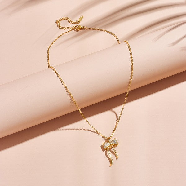 Rhinestone Bow Dangle Ties Necklace-Gold