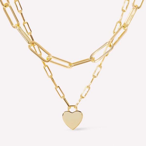 Double Chain Single Heart Charm Necklace