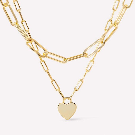 Double Chain Single Heart Charm Necklace