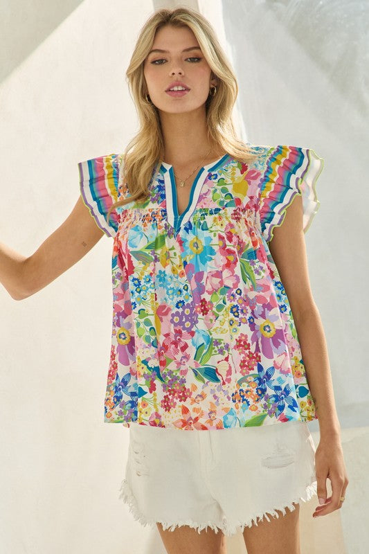 Floral V-neck Top w/Striped Ruffle Sleeve