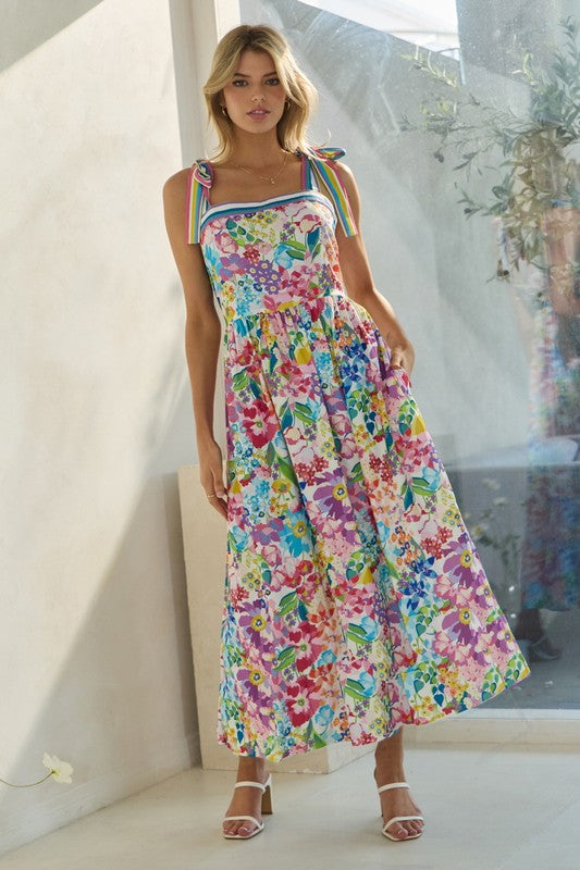 Floral Maxi Dress w/ Striped Tie Shoulder Straps
