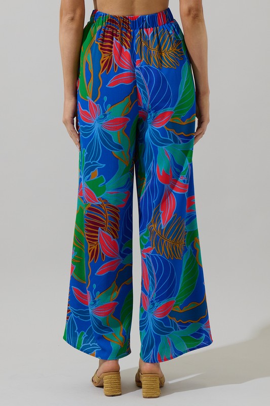 Tropical Leaf Wide Leg Pant-Cobalt