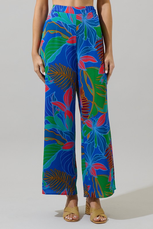 Tropical Leaf Wide Leg Pant-Cobalt