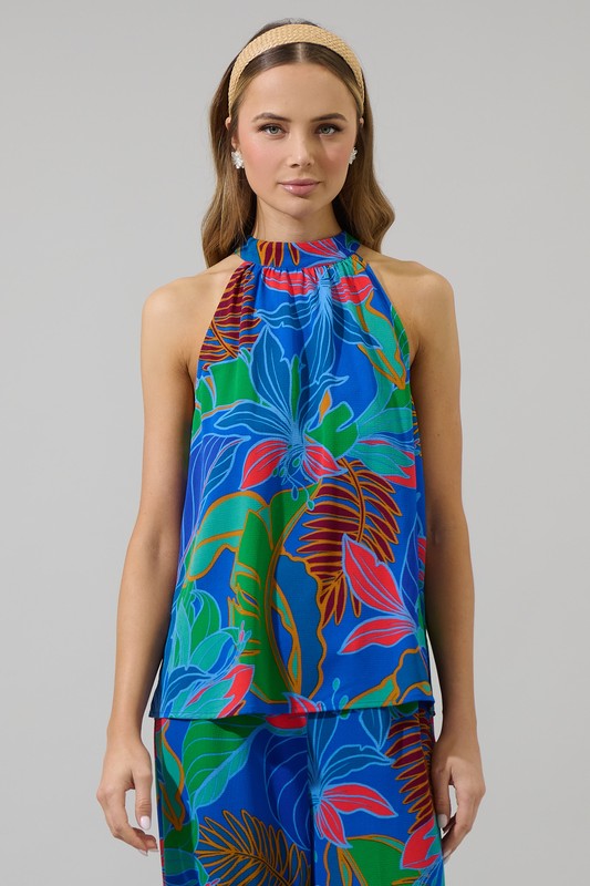 Tropical Leaf Halter Tie Back Sleeveless Top-Cobalt