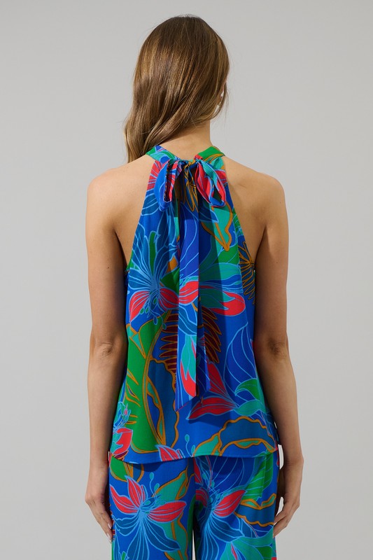 Tropical Leaf Halter Tie Back Sleeveless Top-Cobalt