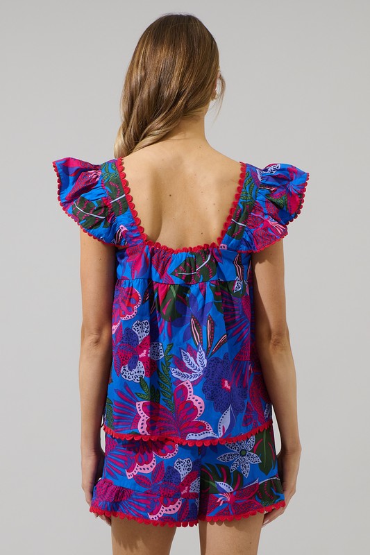 Tropics Floral Square Neck Flutter Sleeve Top-Blue/Pink