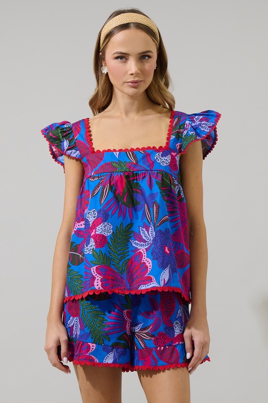 Tropics Floral Square Neck Flutter Sleeve Top-Blue/Pink