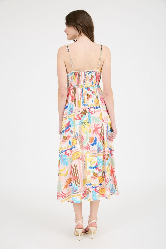 Tropical Vacation Print Spaghetti Strap Midi Dress
