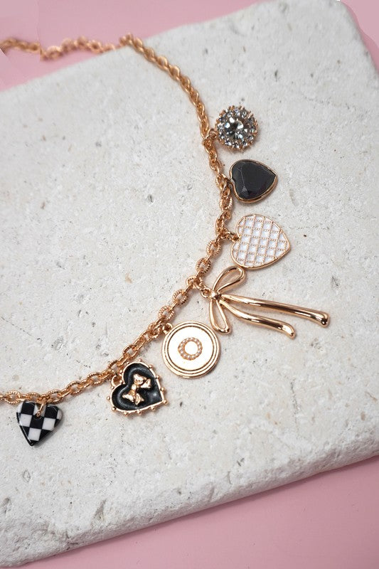 Black & Gold Hearts & Bow Charm Necklace