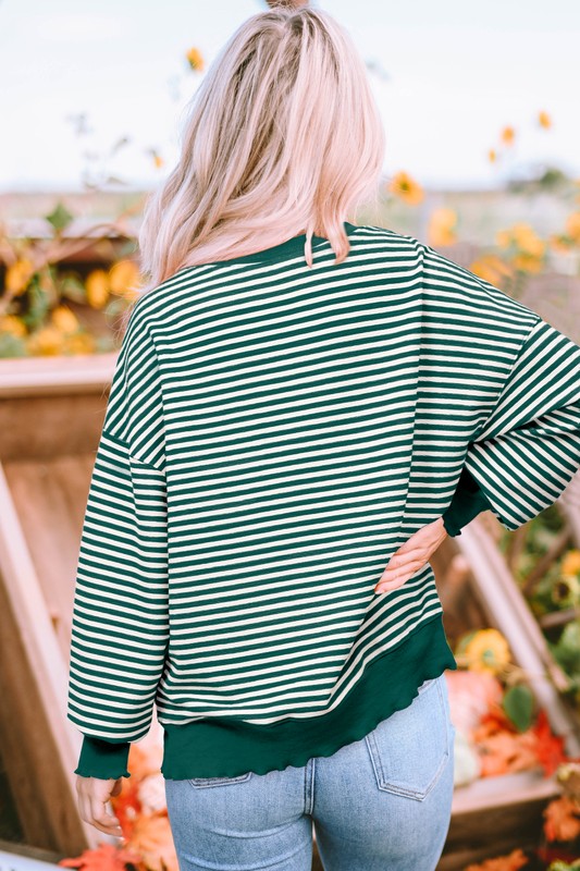 Striped Ruffle Edge Hem & Cuff Sweatshirt-Green