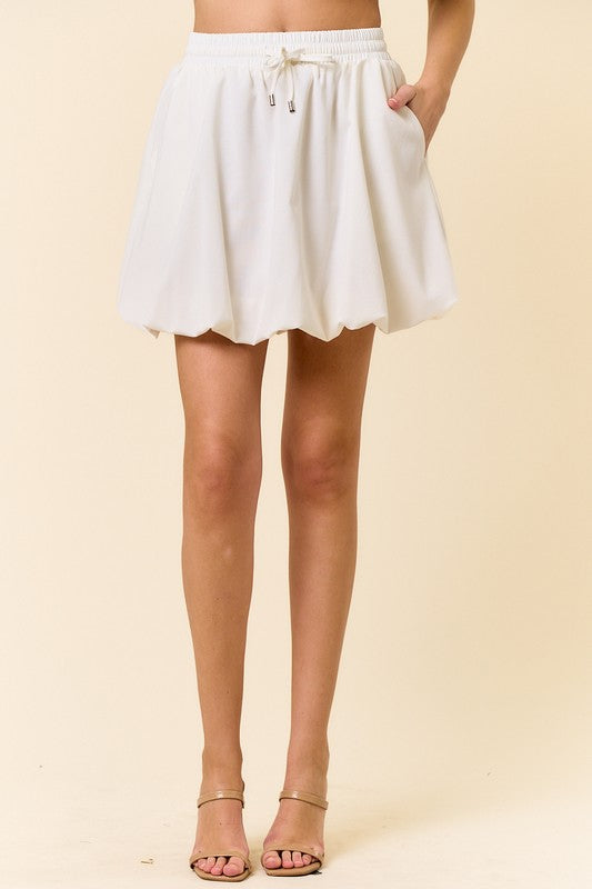 White Drawstring Waist Bubble Hem Skirt