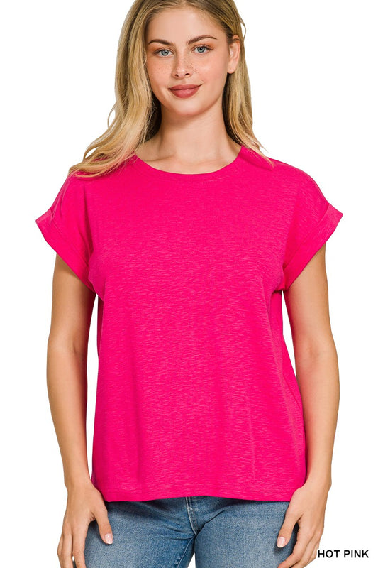 Solid Slub Round Neck Rolled Sleeve Top-Spring
